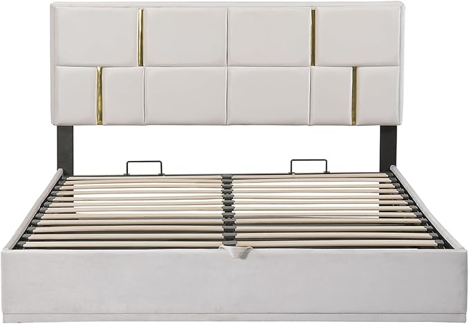 Queen Size Lift Up Storage Bed, PU Leather Upholstered Platform Bed with Hydraulic Storage System and Wooden Slats Support, No Box Spring Needed - Beige