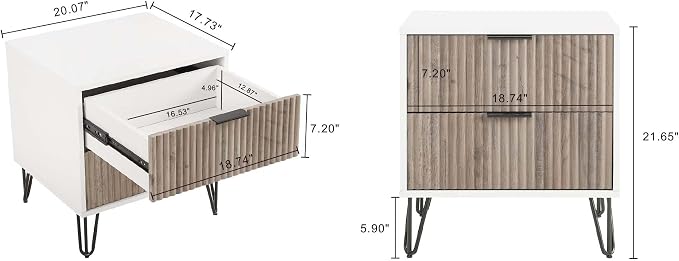 Manhattan Comfort Dumbo Modern Nightstand 2.0 with 2 Drawer & Metal Feet | Splayed Gold Legs | Vertical Ribbed Design | No Tool Assembly Storage for Bedroom, Set of 2, Set of 2, White and Rustic Grey - Image 3