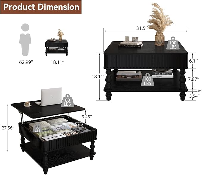 31.5" Square Lift Top Coffee Table with Storage Modern Fluted Coffee Tables with Lifting Top, Farmhouse Solid Wood Center Table with Table Legs for Living Room, Apartment or Office (Black)