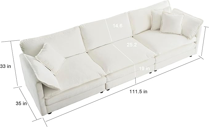 KEIKI Combination Sofa, Upholstered 3 Seater Couch, Oversized Sectional Sofa with Reversible Ottoman for Living Room Bedroom Office, White