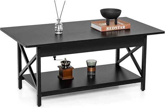COSTWAY Industrial Coffee Table, 2-Tier Wood Cocktail Tea Table with Storage Shelf and X-Shape Steel Frame, Rectangle Sofa Side Accent Table for Living Room Home Office, Black