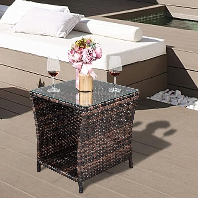 VINGLI Outdoor Wicker Side Table Patio Side Tables for Outside, Tempered Glass Top Wicker Table with Storage End Table for Balcony Porch Deck (Brown) - Image 6