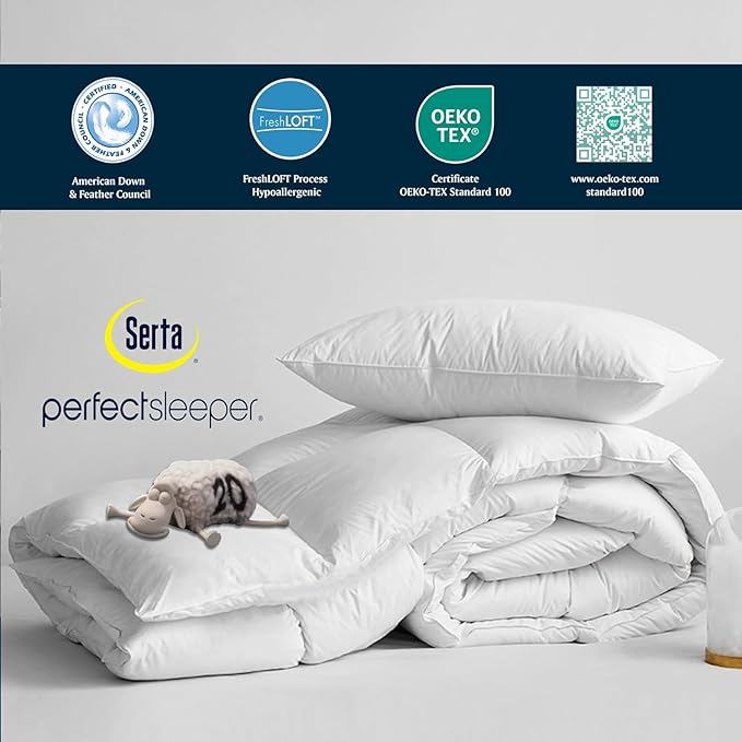 Serta Goose Feather Down Fiber Cotton Comforter King Size - 100% Cotton Duvet Insert - Hotel Luxury Hypoallergenic Bedding Comforter Light Warmth 106 x 90 Inch White
