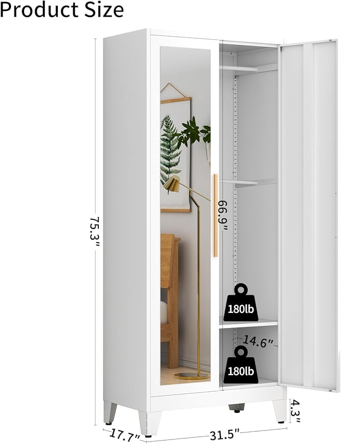 75.3" Tall Metal Armoire Wardrobe Closet with Mirror Doors, 2 Adjustable Hanging Rods & Adjustable Shelf, Freestanding Storage Cabinet Organizer for Bedroom, Office, Laundry Room, White
