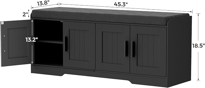 Homleke 2-Tier Storage Bench, Shoe Bench with Thickened Padded Seat Cushion, Entryway Bench with 4 Doors, Adjustable Shelf, 13.8" D x 45.3" W x 18.5" H, for Entryway, Living Room, Bedroom, Black - Image 2