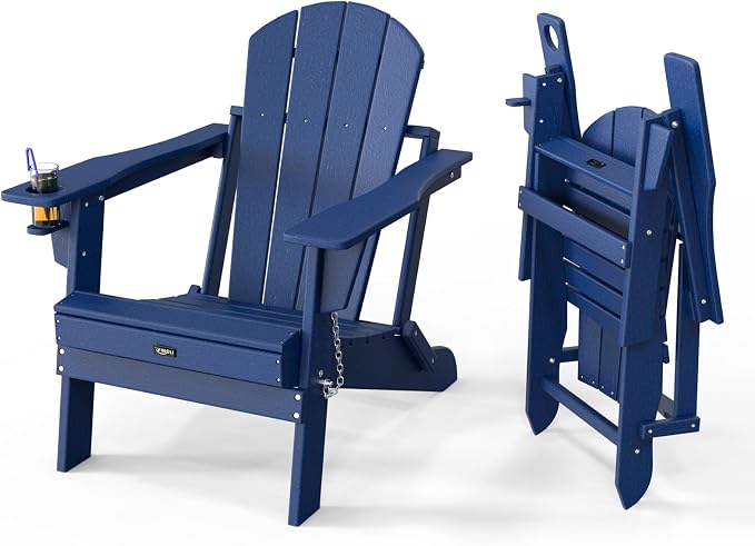 VINGLI Plastic Adirondack Chairs, Folding with Cup Holder, Waterproof HDPE Material, Comfortable 380lb Weight Capacity for Outdoor Pool Patio Lounge Chair Lawn Furniture Firepit (Navy Blue) by VINGLI