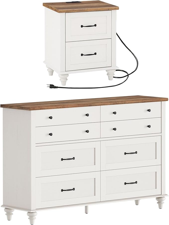 WAMPAT 2 Piece Bedroom Set - Includes 8 Drawer Dresser for Bedroom, Nightstand with Charging Station & Drawers, 2 Piece Dresser and Nightstand Sets, Off White