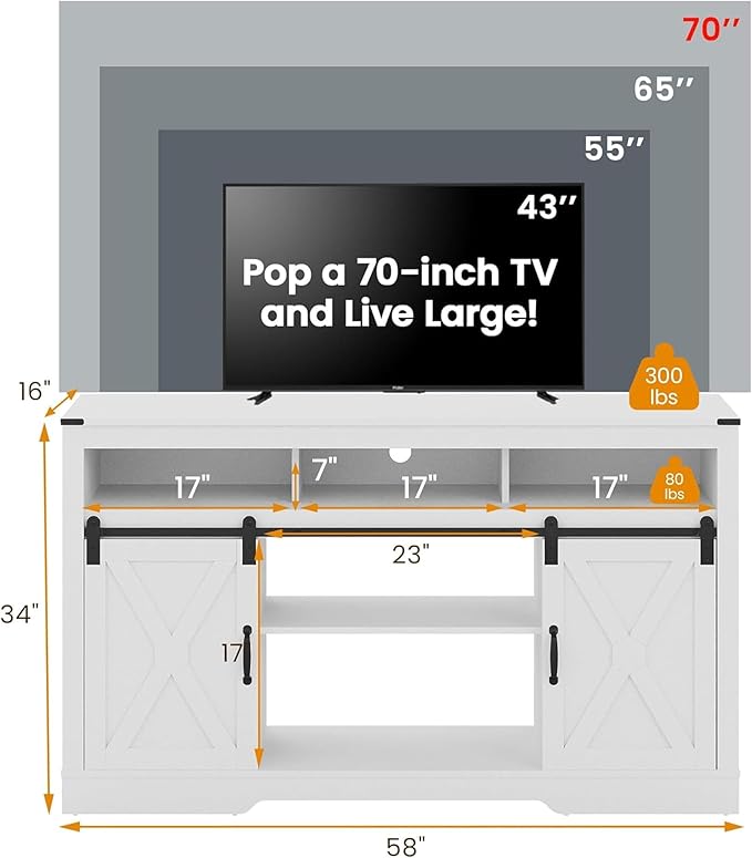 RoyalCraft Farmhouse Fireplace TV Stand for 65+ Inch TV, Entertainment Center with 23" Electric Fireplace with Remote, 34" Tall Modern Rustic TV Console with Sliding Bar Door for Living Room, White - Image 7