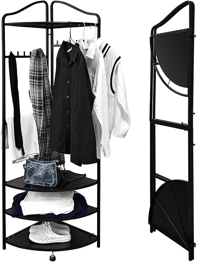 lumizone Corner Clothes & Coat Rack with Shelves for Small Spaces - Foldable 3-Tier Corner Shelves, Freestanding Clothing Wardrobe Closet for Bedroom/Closet/Dorm, 88lb Storage by Lumizone
