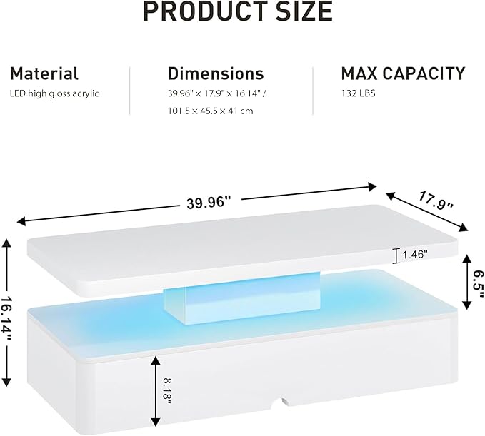 40" Modern Coffee Table with 16 Colors LED Lights, 2 Tier Rectangular Center Table with Large Storage Space, Stylish High Glossy Wooden Tea Tables for Living Room, Bedroom, Home Office, White