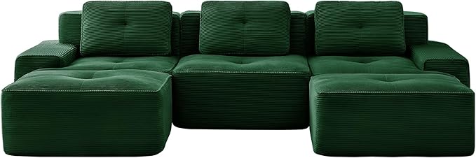 Casaphoria 115'' Green Modular Sofa Set, 3-Seat U-Shaped Corduroy Couch with 2 Ottomans for Large Living Room No Assembly Required Deep Seat Sectional Couch
