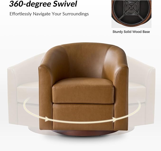 HULALA HOME Faux Leather Swivel Accent Chair with Solid Wood Base, Round Swivel Barrel Chair for Living Room and Bedroom, Camel