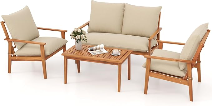 Tangkula 4 Pieces Patio Furniture Set, Outdoor Acacia Wood Conversation Set with Soft Cushions and Coffee Table, Outdoor Sectional Sofa Set for Lawn, Garden, Backyard and Poolside (1, Natural)