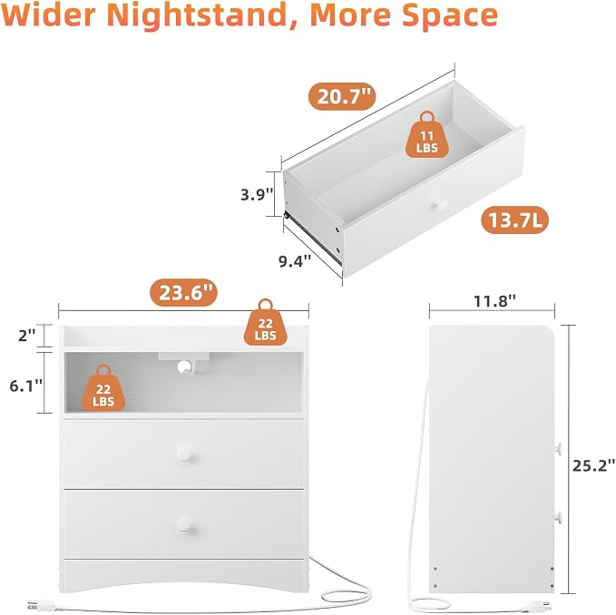 Memobarco Nightstand with Charging Station and LED Light,Modern Nightstand with USB Ports and Outlets,Wood Bedside Tables with 2 Storage Drawers,Small Dresser for Bedroom Small Space,White - Image 2
