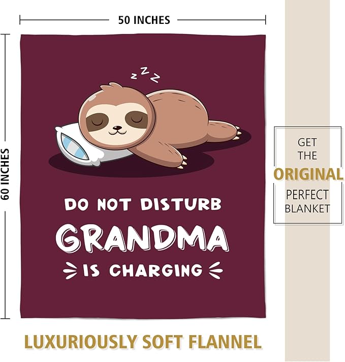 Funny Gifts for Grandma Mothers Day, Grandmas Birthday Gift from Grandkids, Grandma is Charging Sloth Blanket, Grandmas Gifts for Christmas, Soft Sloth Blanket for Grandmother 60" x 50"