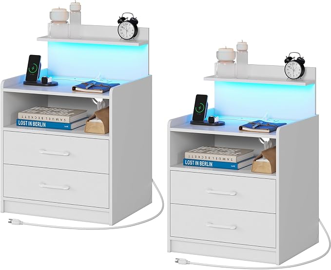 Nightstand Set of 2 with Charging Station and LED Lights, Bedside Table with 2 Drawers and Open Storage Shelf, 2 USB Ports and 2 AC Outlets, LED Night Stands for Bedroom Set of 2, White by Diliplain