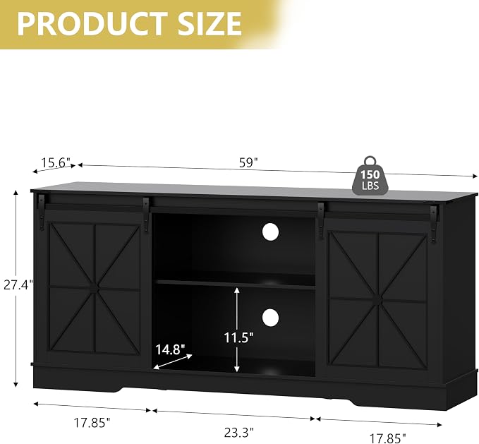Farmhouse TV Stand for 65/60/55 Inch Tvs, Rustic Entertainment Center with Storage Cabinets & Sliding Barn Doors, Modern Media Console Table, Wood Television Furniture for Living Room, Bedroom, Black - Image 7