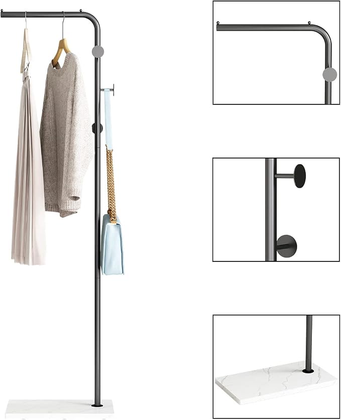 DOORXIFO Black Coat Racks with White Base, Entryway Coats Racks Freestanding with 3 Hooks, L Shape Home Coat Hanger for Jackets, Coats, Hats, Clothes - Image 3