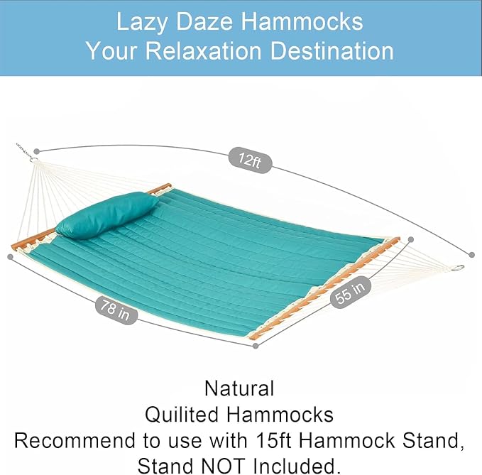 Lazy Daze Hammocks 12 FT Double Quilted Fabric Hammock with Spreader Bar and Detachable Pillow, 2 Person Hammock for Outdoor Outside Patio Garden Yard Pool Beach, 450lbs Weight Capacity (Blue) - Image 2