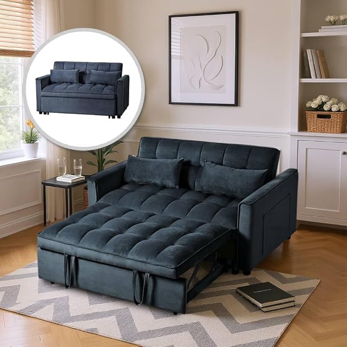 3 in 1 Pull Out Sofa Bed, 52.75" Sleeper Sofa Bed with 3-Level Adjustable Backrest, Velvet Fabric Loveseat Sleeper Couch for Living Room & Bedroom & Apartment & Dorm Furniture, Black