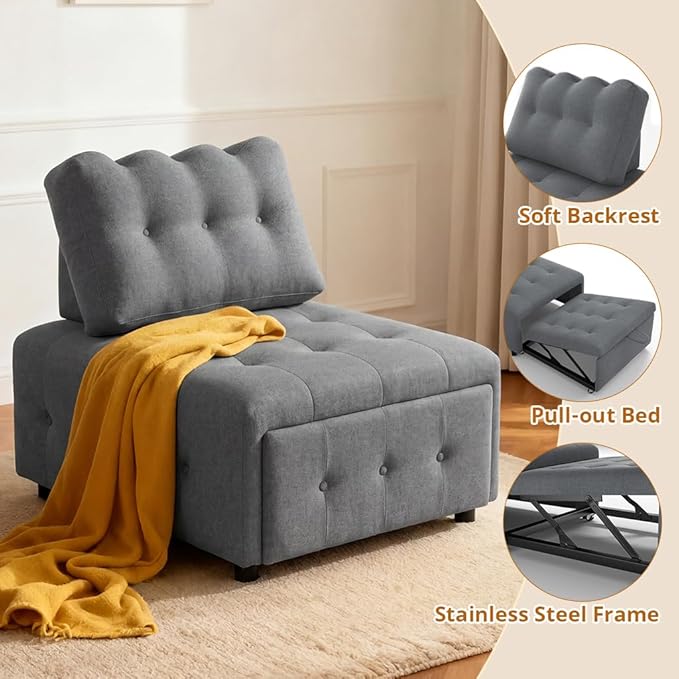 CMOHOMA Sleeper Sofa Bed,Convertible Pull Out Couch with Adjustable Backrest,Linen Chaise Lounge Chair,Sectional Couches for Living Room,Bedroom,Apartmen,Gray