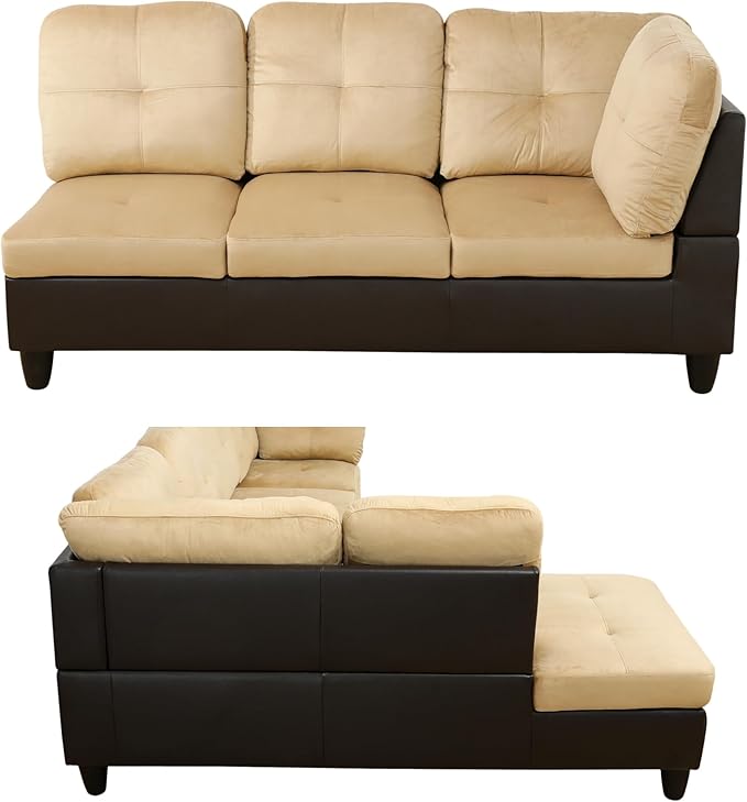 103.5 Inch Modern L-Shaped Couch, Flannel Sectional Sofa with Chaise Lounge, 4-Seater Couch with Accent Pillows for Living Room, Apartment, Beige and Brown