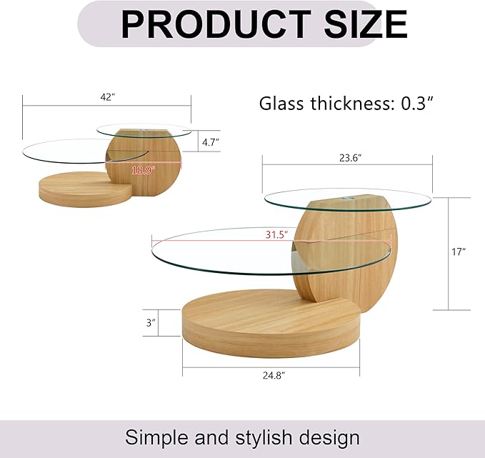 Modern Glass Coffee Table,Small Round Coffee Tables, 42" 3-Tier Circle Wood Coffee Table for Living Room Rustic Circle Center Cocktail Table with Tempered Glass, Unique Accent Table for Small Spaces