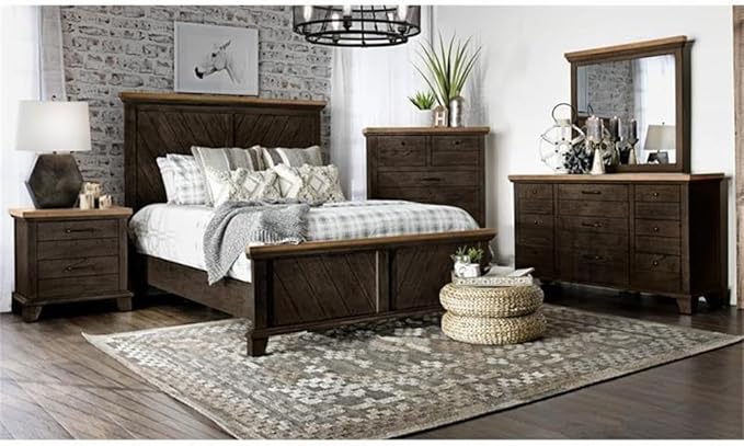 BOWERY HILL King Farmhouse 5-Piece Bedroom Set, Chocolate and Honey Brown Finish, Acacia Wood and MDF, Chevron Pattern Bed, Mirror, Dresser, 2 Nightstands, Rustic Style for Master Bedroom Decor