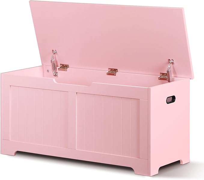 SUPER DEAL Storage Chest, 39 inches Chest Box Organizer with 2 Safety Hinges, Wooden Entryway Shoe Organizer Storage Bench, Pink by Superdeal