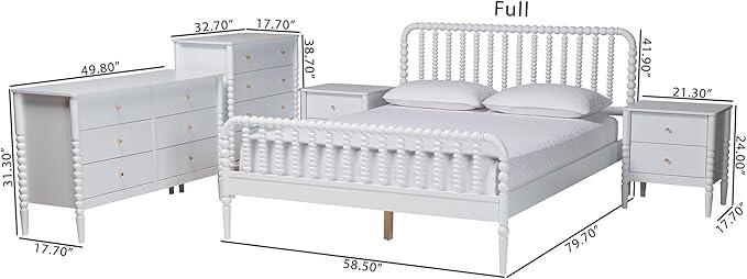 Baxton Studio Lucera Bobbin Wood Bedroom Set, 5-Piece, Full, White