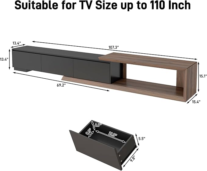 chartustriable Extendable TV Stand with 3 Drawers, Modern Minimalist Entertainment Center, Reversible Long TV Media Console, Bevel Design, 82-107.3 Inch, Black & Walnut - Image 3
