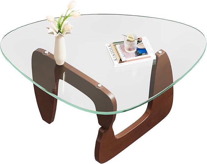 WLIVE Coffee Table, Small Glass Coffee Table with Solid Wood Legs, 32.7" Mid Century Triangle Living Room Tables, Modern Center Table for Small Spaces Living Room, Reception, Office, Natural