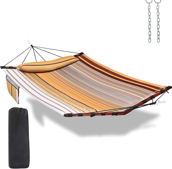TegerDeger 12FT 2 Person Hammock Large Hammock 450LB Capacity with V Shaped Hardwood Spreader Bar & Nylon Rope for Outside, Patio, Garden, Backyard, Beach, Poolside - Fall Yellow Stripes by Tegerdeger