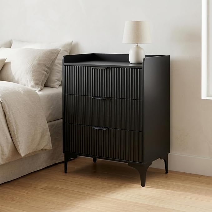 Modern Fluted Wood 3-Drawer Tall Nightstand, 30'' High Bedside Table for King or Queen Beds, Narrow Storage Cabinet for Bedroom, Black by Unknown