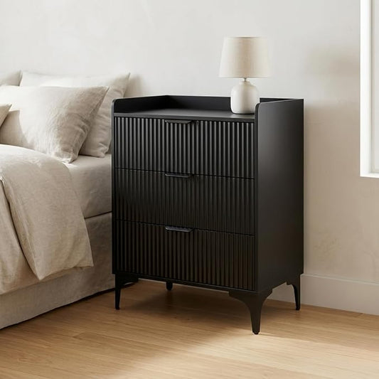 Modern Fluted Wood 3-Drawer Tall Nightstand, 30'' High Bedside Table for King or Queen Beds, Narrow Storage Cabinet for Bedroom, Black by Unknown