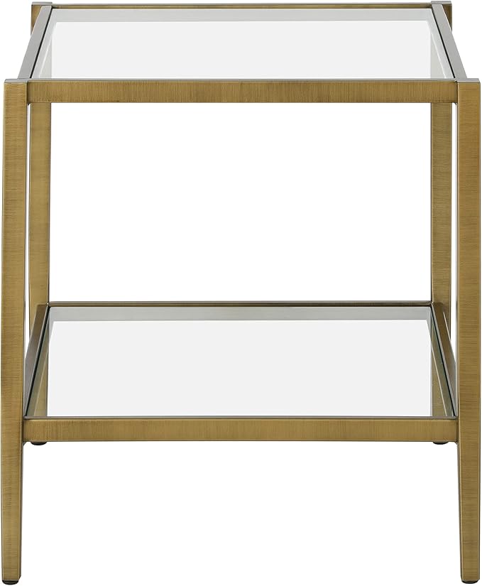 Henn&Hart 20" Wide Square Side Table with Glass Shelf in Antique Brass, Table for Living Room, Bedroom