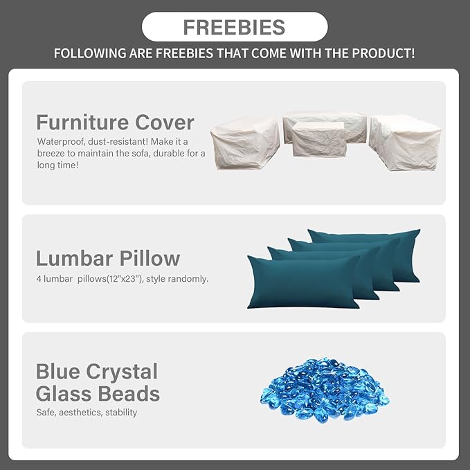 Rattaner Patio Furniture Set with 45In Fire Pit 5 Pieces Outdoor Furniture Sets Patio Couch Outdoor Chairs 60000 BTU Steel Propane Fire Pit Table No-Slip Cushions and Waterproof Covers, Peacock Blue