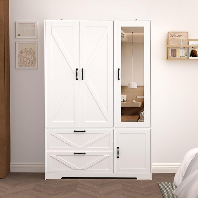 Armoire Wardrobe Closet, 72'' Wardrobe Cabinet with 2 Drawers & Mirror, 3 Doors Bedroom Clothes Closet with Hanging Rod & Built-in Light, Wooden Wardrobe Cabinet with Adjustable Shelf for Bedroom