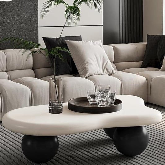 40” Cloud Coffee Table with 3 Ball Legs, Modern Irregular Center Table for Living Room, Low Cute Small MDF Tea Table for Bedroom, Space Apartment-White Black