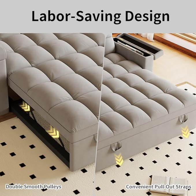Convertible Sofa Bed, 5-in-1 Pull Out Couch with Side Table, Loveseat Sleeper Sofas Bed Couch with USB Port, 65‘’ Velvet Pull Out Sofa Beds for Living Room, Bedroom, Apartment