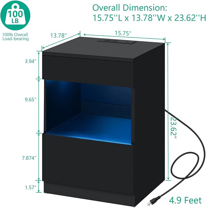 HOMMPA Set of 2 Open Shelf LED Nightstands with Charging Station 2 Drawers Bedside Tables Black Night Stands with Storage Smart Nightstands High Gloss Night Table with Led Light for Bedroom Furniture - Image 2