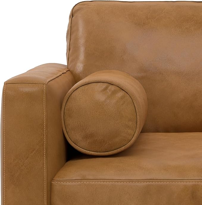 SIMPLIHOME Morrison Arm Chair - 42 inch Wide Upholstered Genuine Leather Mid-Century Modern Accent Chair in Sienna with Solid Wood Legs, Reversible Bolster Pillows and Reclined Back