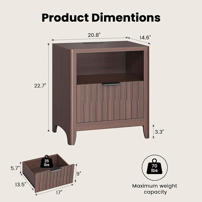 Fluted Nightstand with Charging Station, 21" Wide Modern Bedside Table with Storage Drawer, Wide Open Shelf & Curved Corner, Mid Century Night Stand End Side Table for Bedroom, Walnut - Image 2