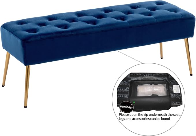 DUHOME Button-Tufted Ottoman Bench, Upholstered Bedroom Benches Velvet Footrest Stool Dining Bench Accent Bench for Entryway Dining Room Living Room Bedroom, Dark Blue - Image 5