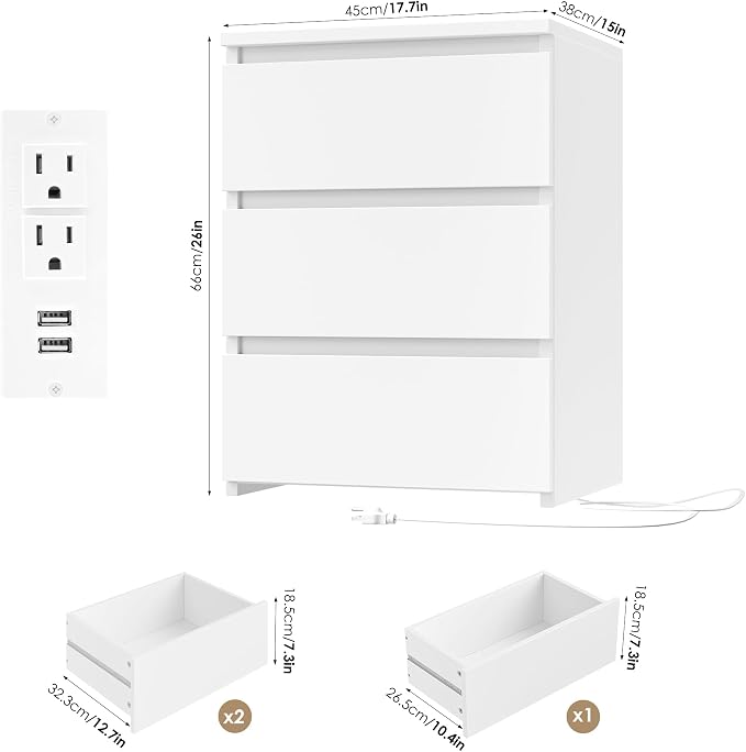 FOTOSOK White Nightstand Set of 2, 26" H White Night Stand with Charging Station, Nightstand Set 2 with USB Ports & Power Outlets, Silent Slides, Wooden End Side Table Bedside Table for Bedroom - Image 3