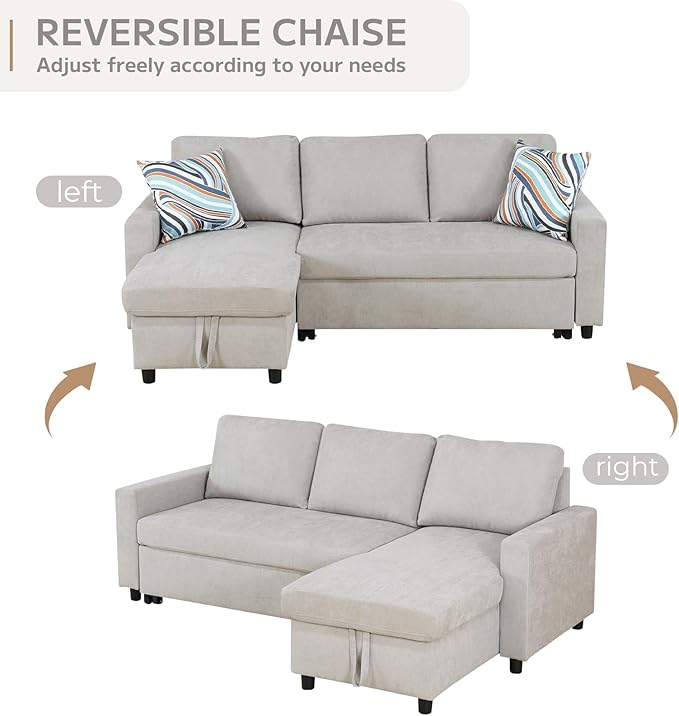 L-Shaped Sleeper Sofa with Chaise Lounge & Storage, Pull-Out Couch Bed with Recliner, Full Size Futon for Living Room, Office, Apartment Beige