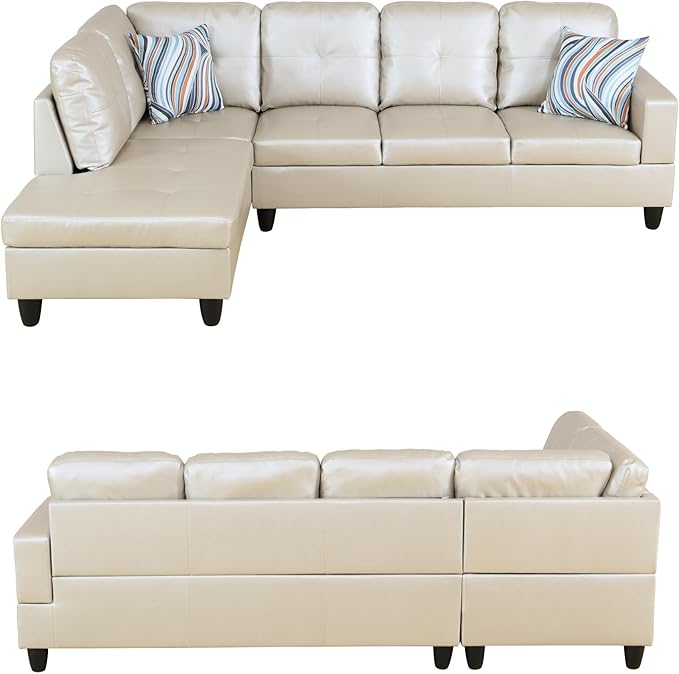 103.5 Inch Modern L-Shaped Couch, PU Leather Sectional Sofa with Chaise Lounge, 4-Seater Couch with Accent Pillows for Living Room, Apartment, Bright Light Grey