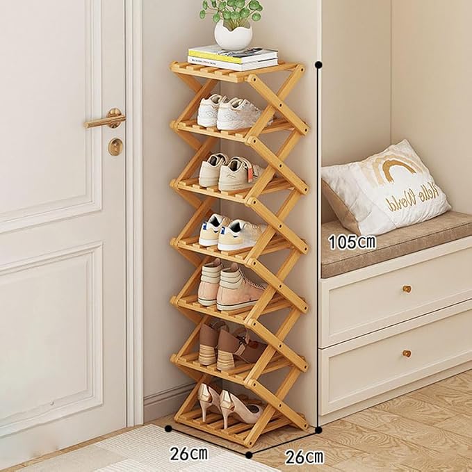 YYW Shoe Rack, Foldable Bamboo Shoes Shelf, Freestanding Shoe Storage Organiser for Entryway, Hallway, Bedroom, Closet (Wood Color, 7 Layers) - Image 2