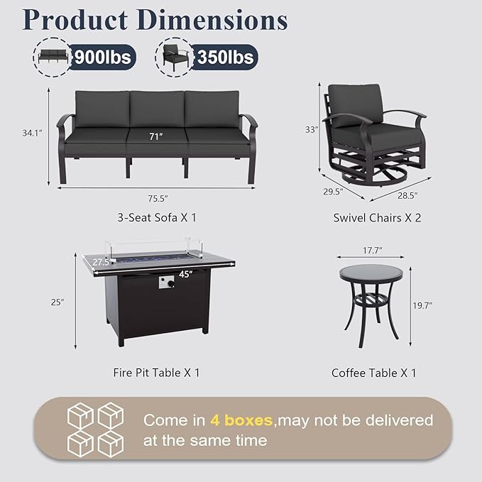ALAULM Aluminum Patio Furniture Set with Propane Fire Pit Table 5-seat Metal Outdoor Furniture w/Fire Pit Patio Sectional Sofas w/5.1" Cushions for Patio, Backyard, Poolside-Black