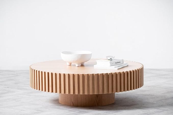 WILLIAMSPACE 31.49" Oak Round Coffee Table, Modern Luxury Wood Circle Drum Center Table for Living Room, Accent Side Table End Table for Apartment, ø31.49'' x 13.77''H (Oak)